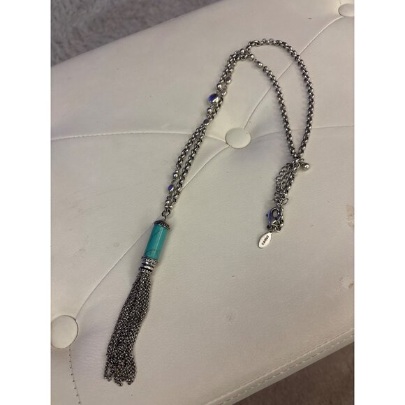 Chicos Turquoise & Silver Tassel Necklace With Chain & Bead Accents Long - Picture 7 of 13